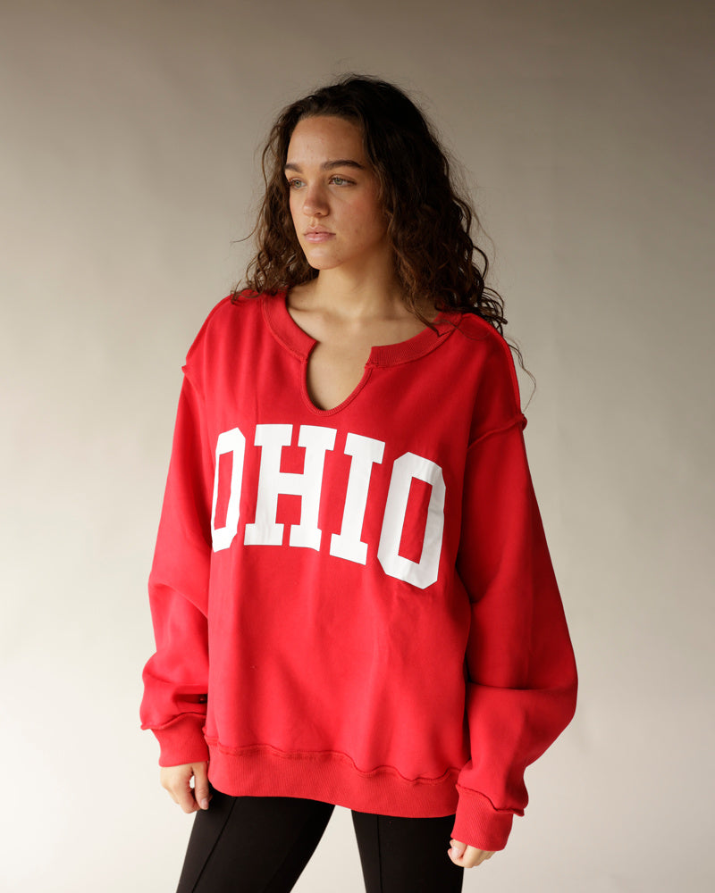 Red Ohio split neck reversible sweatshirt with white block letters, oversized fit