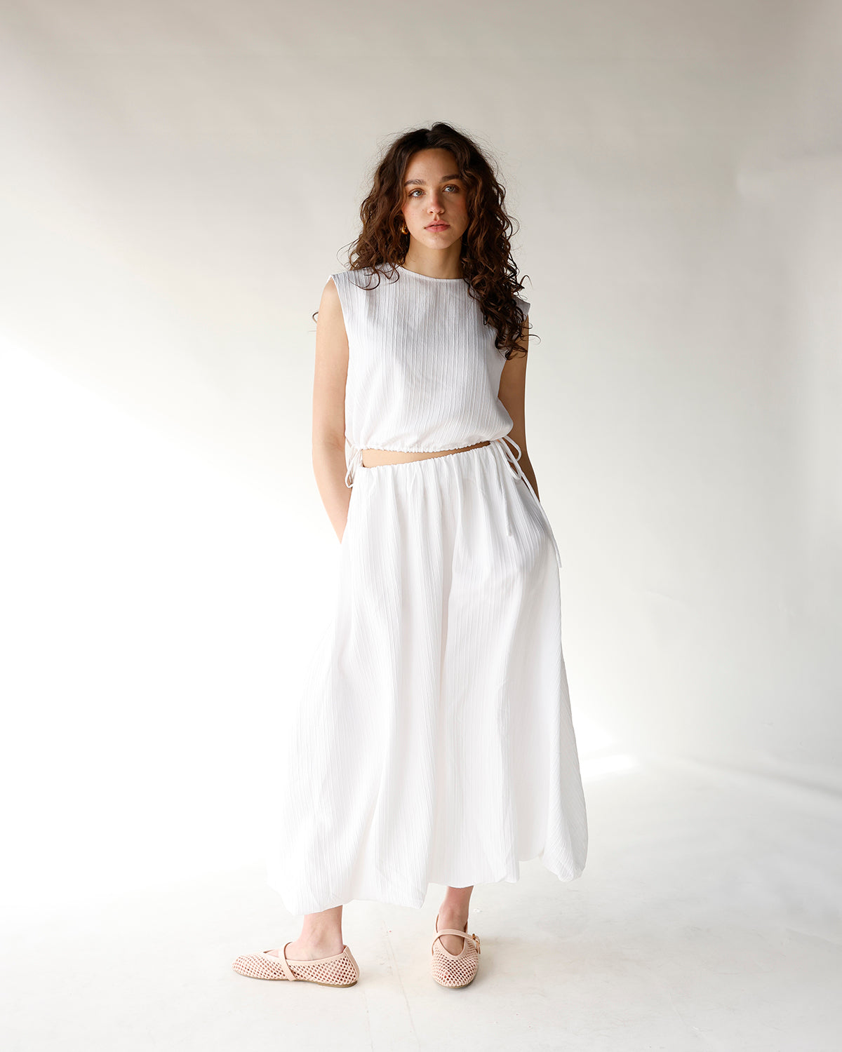 white textured bubble hem maxi skirt