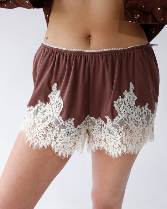brown lace-trimmed shorts brown and white lace trim shorts women