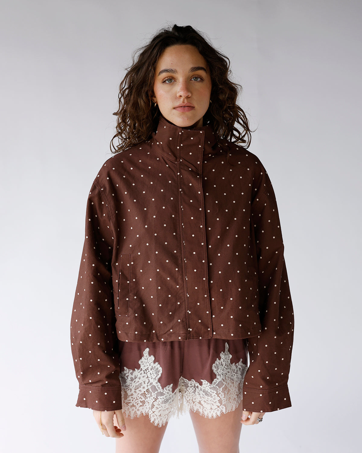 brown polka dot jacket with high neck women's brown polka dot windbreak jacket