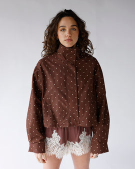 brown polka dot jacket with high neck women's brown polka dot windbreak jacket