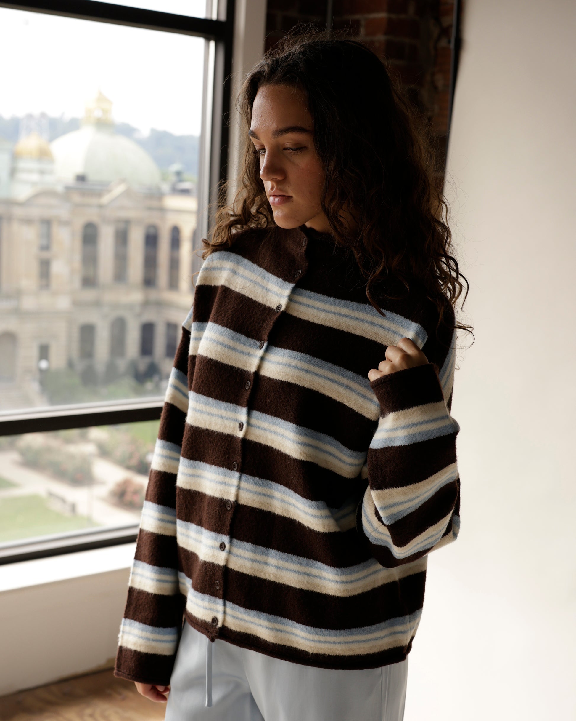 Brown striped mock neck cardigan with cream and blue horizontal stripes, button front