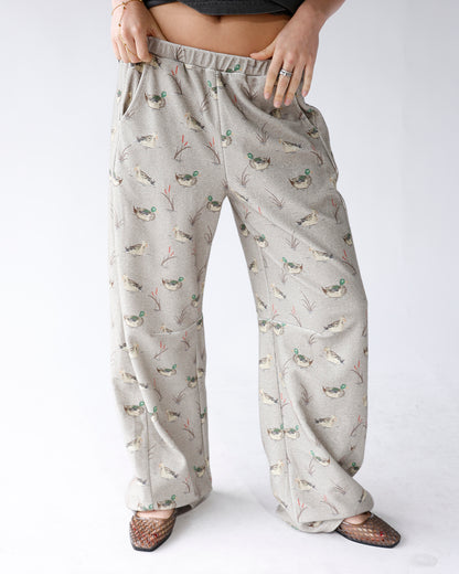 duck printed grey barrel leg casual pants
