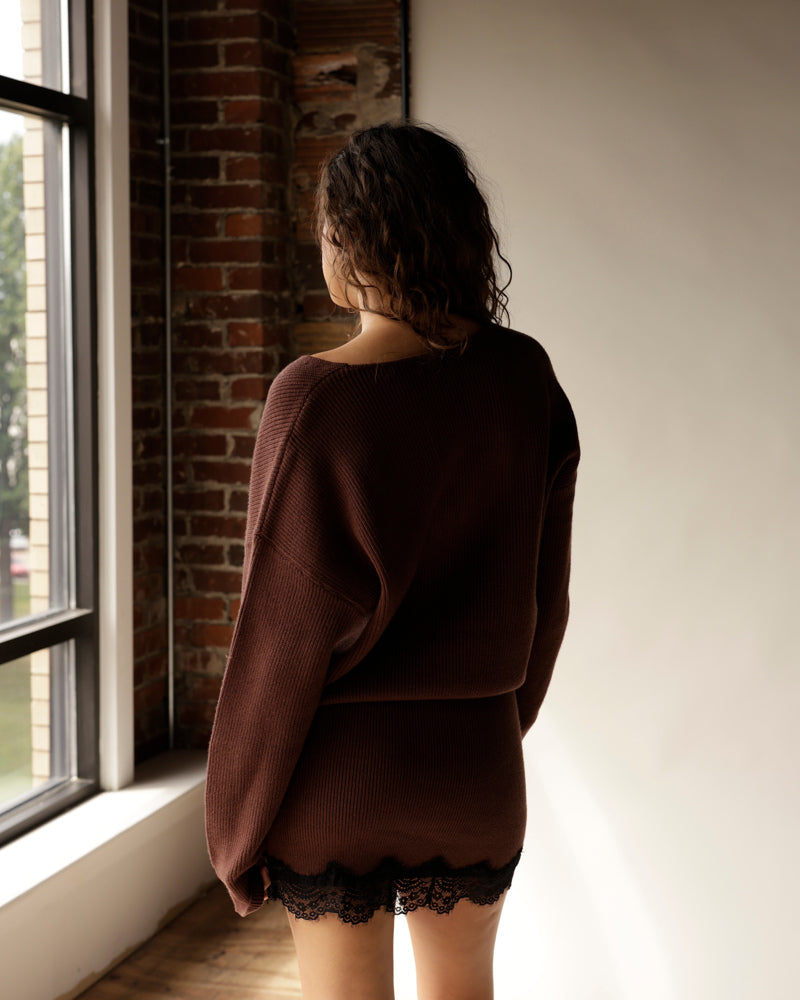 Brown ribbed knit v-neck sweater mini dress with black lace hem trim
