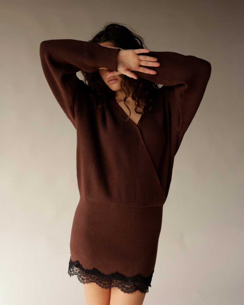 Brown ribbed knit mini dress with V-neck and black lace hem trim
