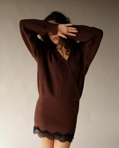 Brown ribbed knit mini dress with V-neck and black lace hem trim