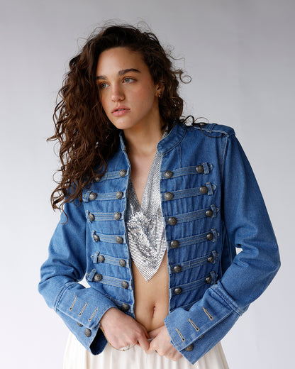 open front blue denim jacket with button details on front military inspired button detailed open front jacket
