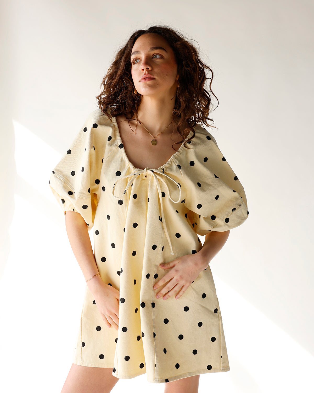 yellow polka dot print puff balloon sleeve romper women's spring rompers