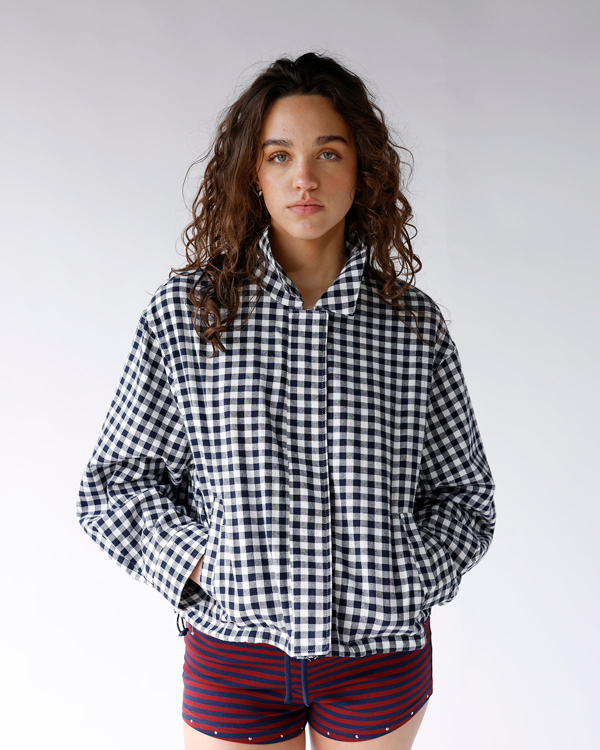 navy and white gingham print jacket gingham print jacket with zipper and button front