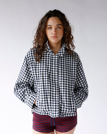 navy and white gingham print jacket gingham print jacket with zipper and button front