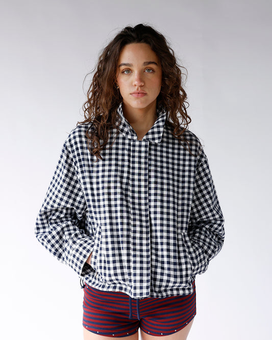 navy and white gingham print jacket gingham print jacket with zipper and button front