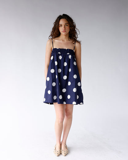 navy mini dress with white polka dot print navy and white polka dot mini dress 