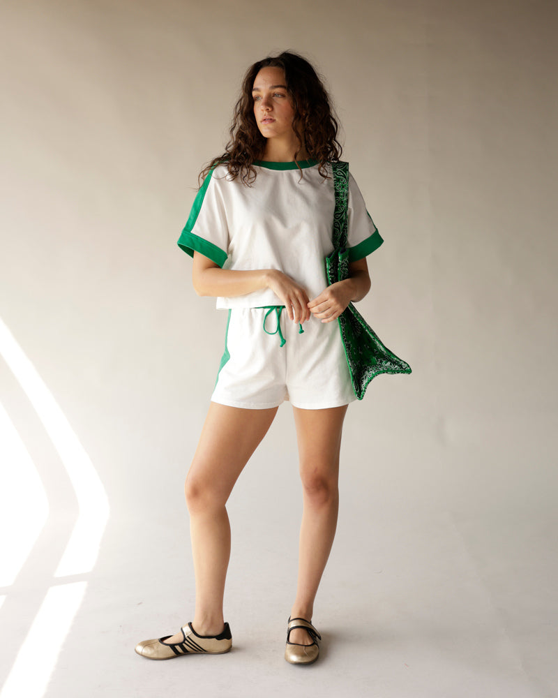 White and green two-piece shorts set with ringer tee and matching drawstring shorts