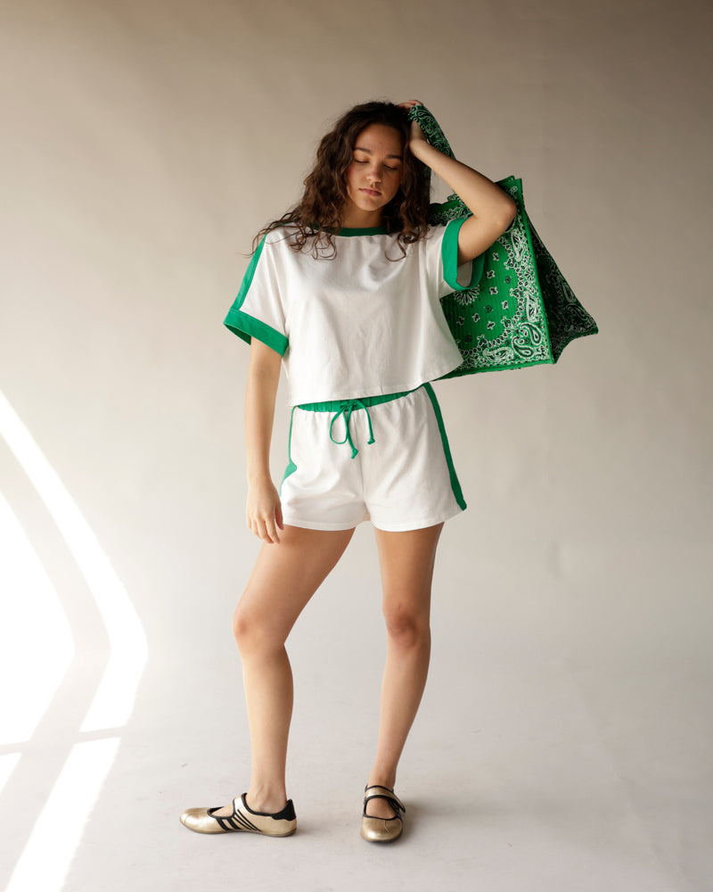 White and green ringer tee and drawstring shorts set with paisley tote bag