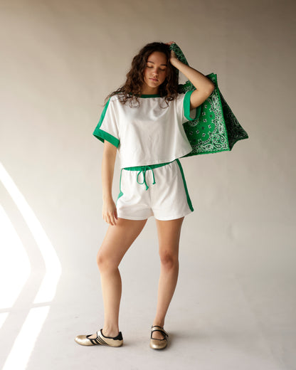 White and green ringer tee and drawstring shorts set with paisley tote bag