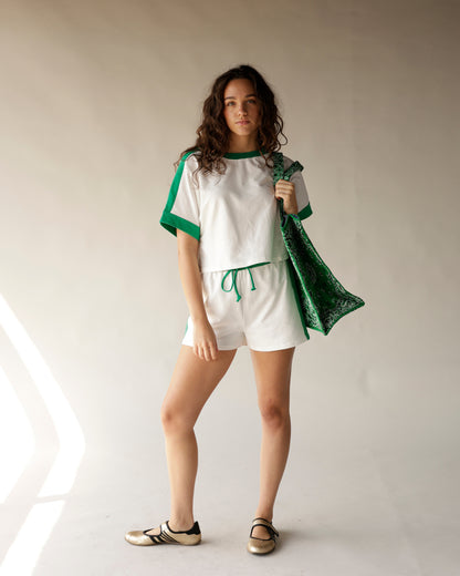 White and green color-block cropped tee and drawstring shorts matching set