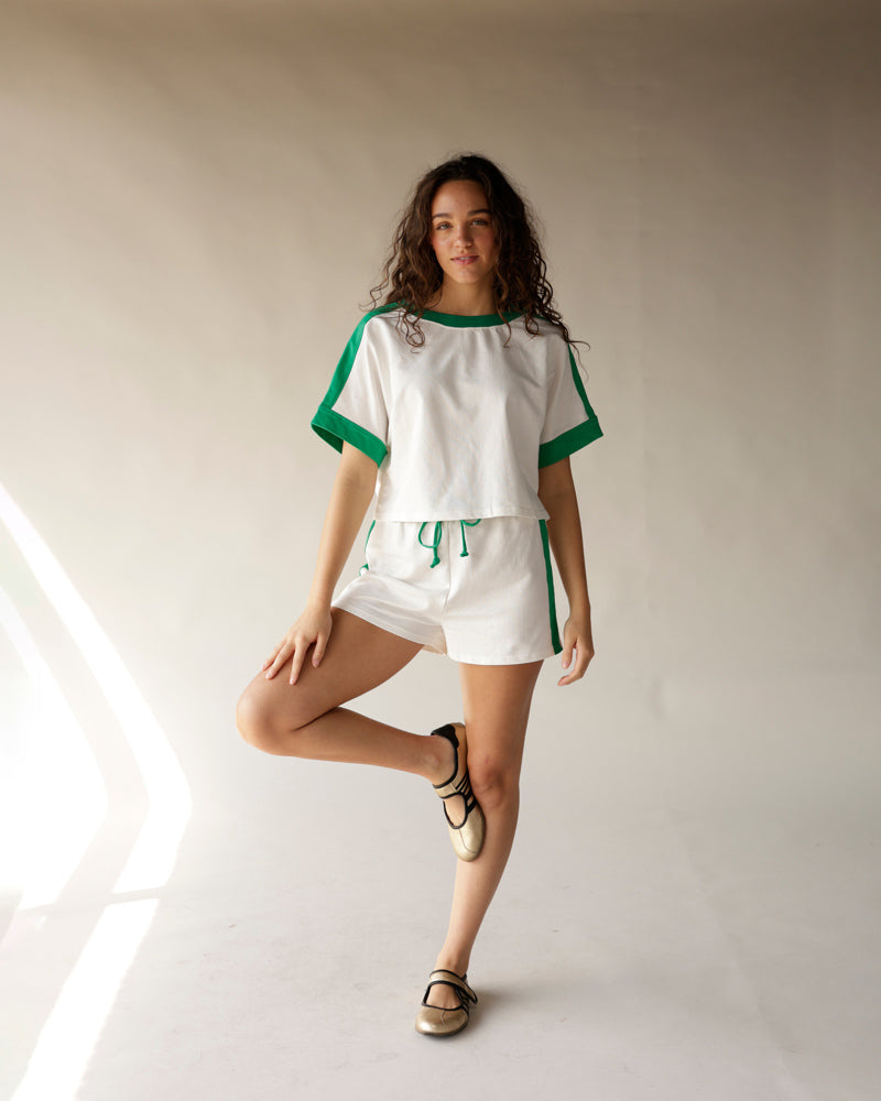 White and green colorblock crop tee and drawstring shorts matching set