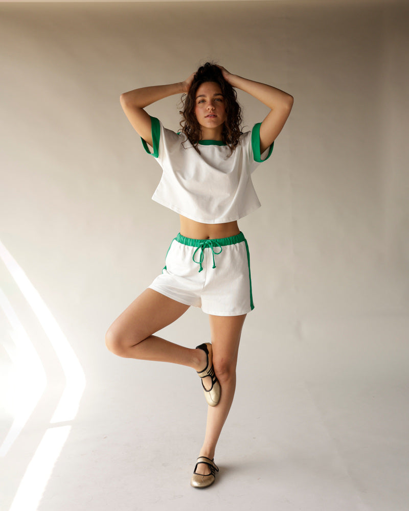 White and green crop top and drawstring shorts gameday matching set
