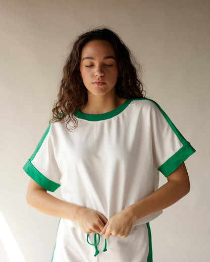 White and green cropped ringer tee with side stripe and drawstring shorts set