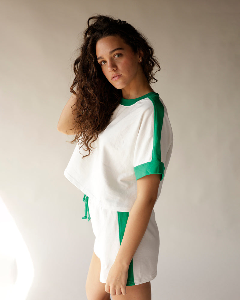White and green two-piece raglan tee and shorts gameday set