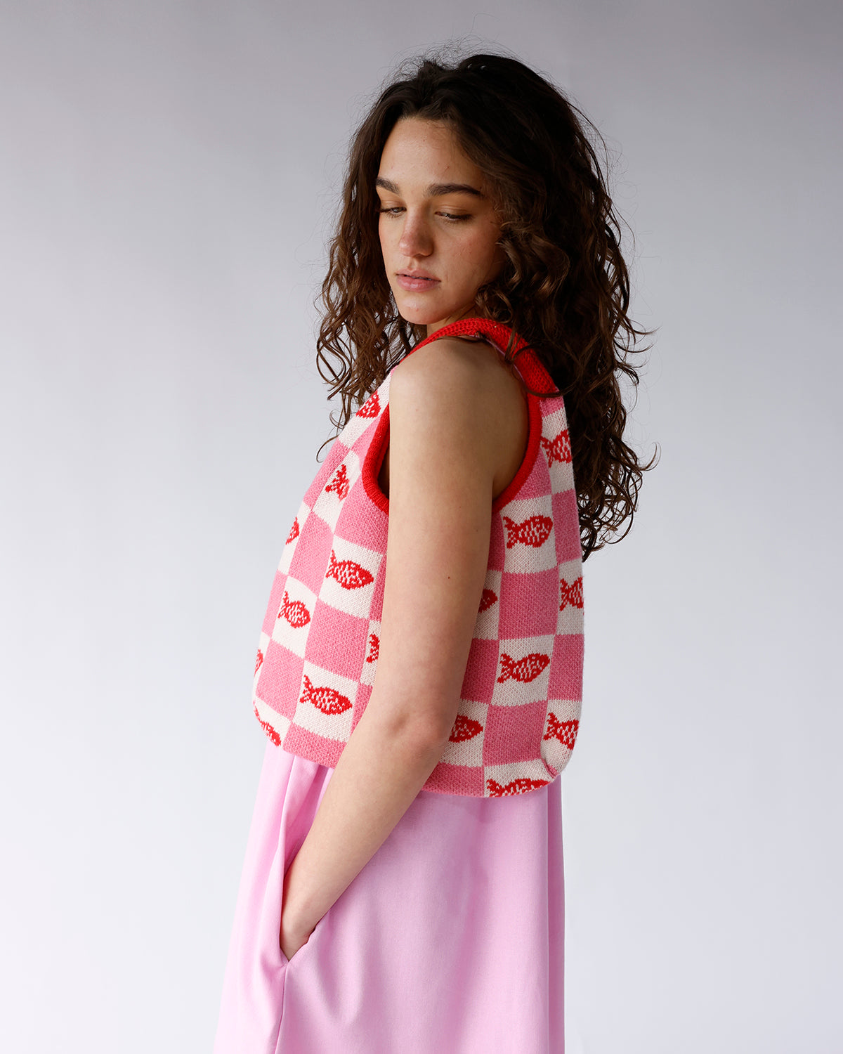 pink and red checkered fish print purse frnch tulum bag 