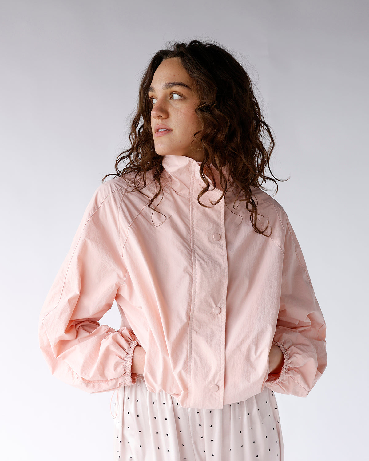 pink windbreaker jacket with button and zipper front light pink oversized windbreaker jacket