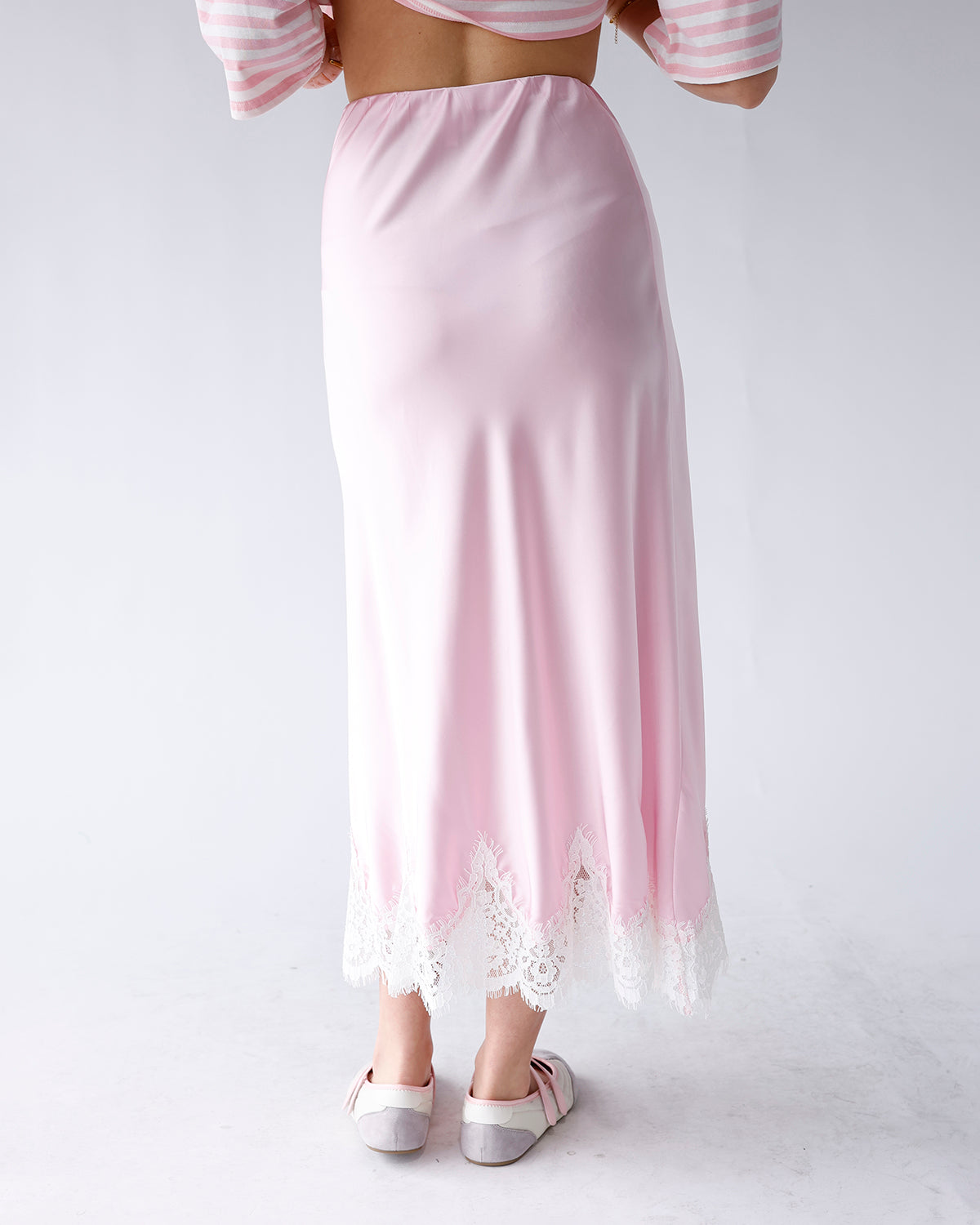 BLUSH LACE TRIM MIDI SKIRT
