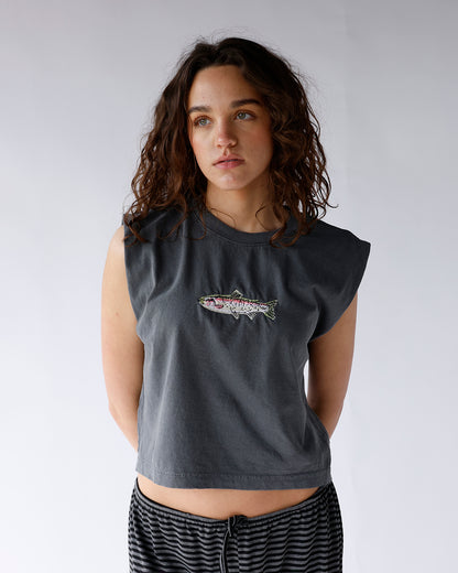 dark grey sleeveless muscle tee with embroidered trout fish women's muscle tee