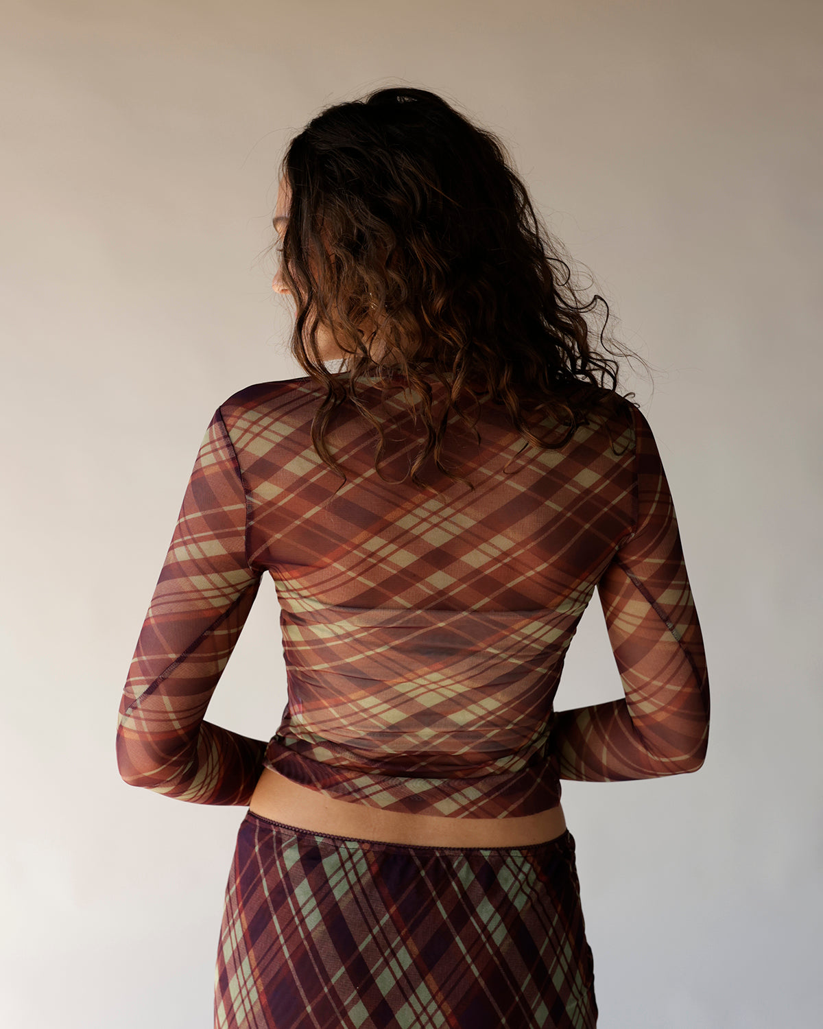 Sheer plaid mesh long sleeve crop top in brown and sage tones