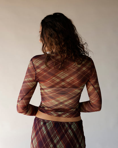 Sheer plaid mesh long sleeve crop top in brown and sage tones