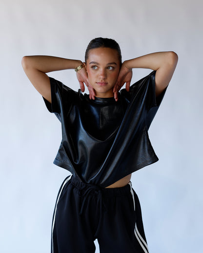 faux leather edgy top black effortless dressy casual 