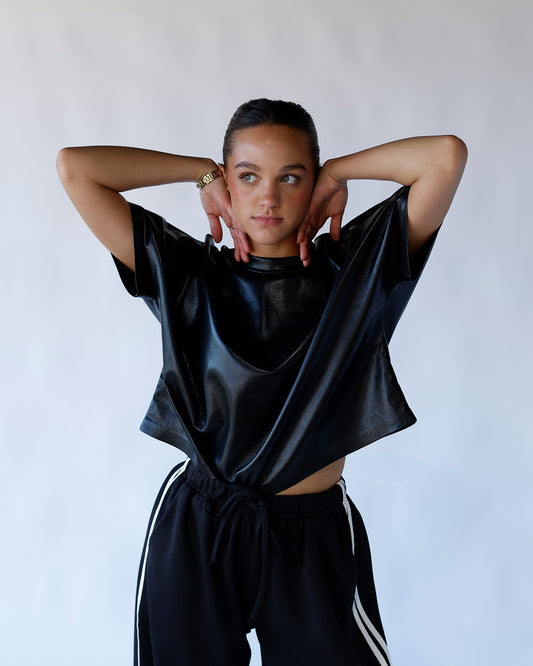 faux leather edgy top black effortless dressy casual 