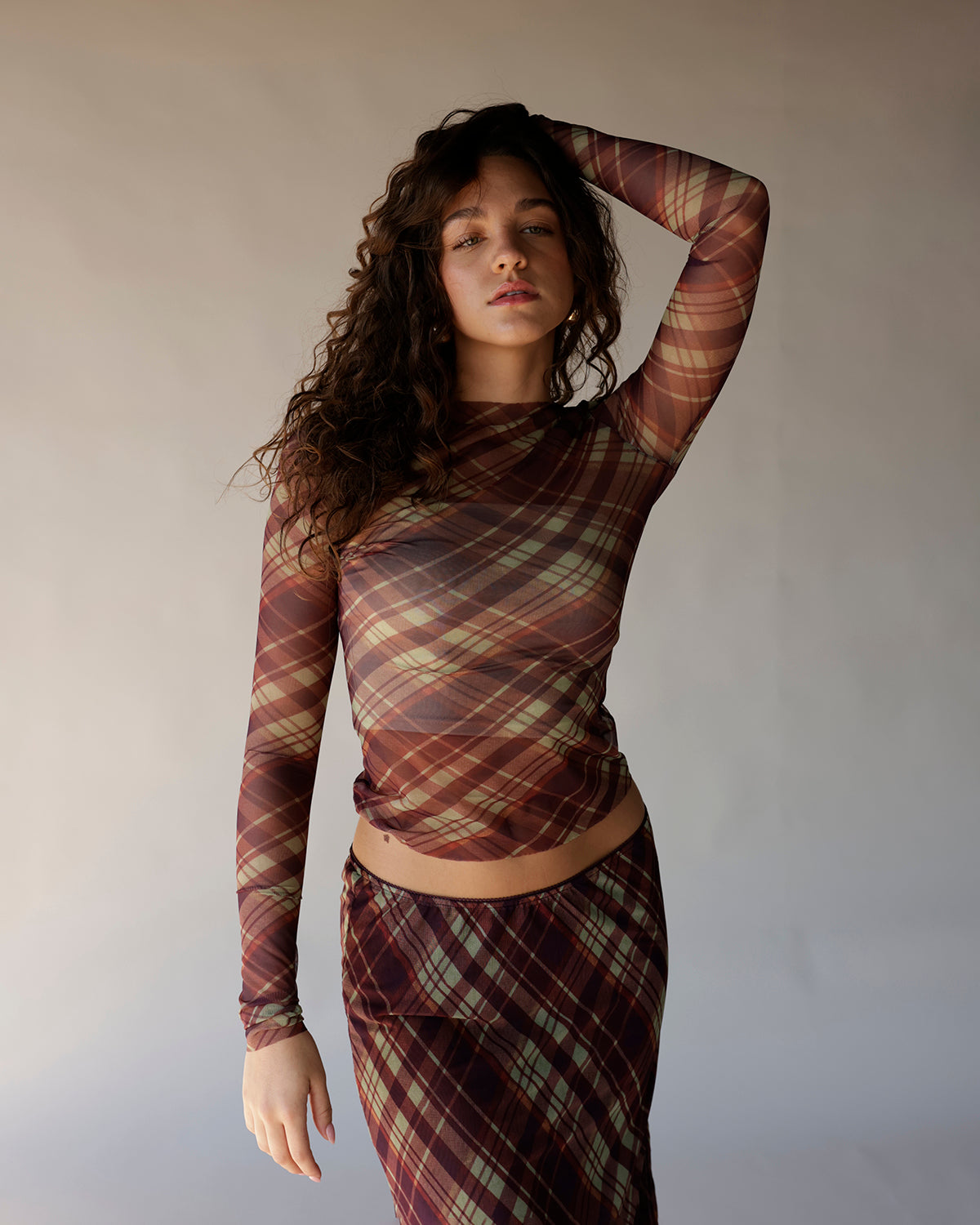 Brown plaid mesh long sleeve crop top with sheer fabric and fitted silhouette