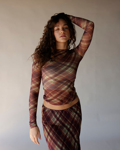 Brown plaid mesh long sleeve crop top with sheer fabric and fitted silhouette