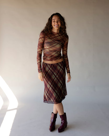 Brown plaid mesh long sleeve top with sheer fabric and ruched detailing