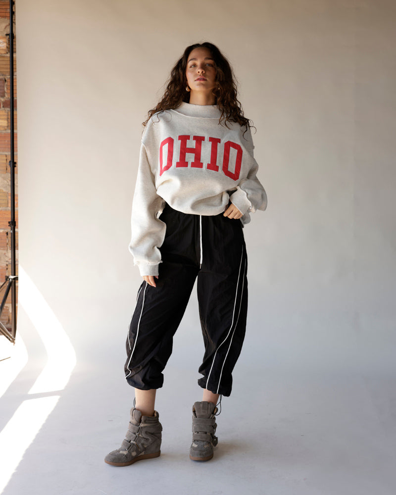 Gray mock neck sweatshirt with bold red OHIO lettering, oversized fit