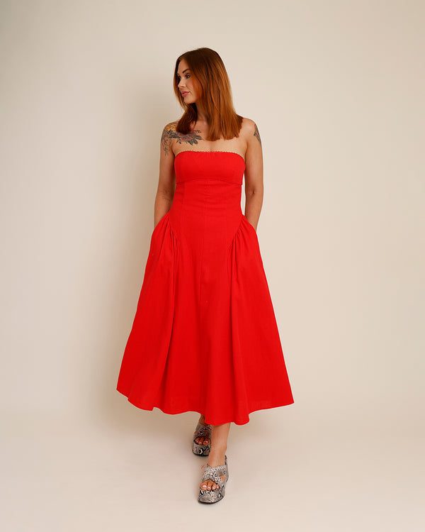 strapless red drop waste midi dress