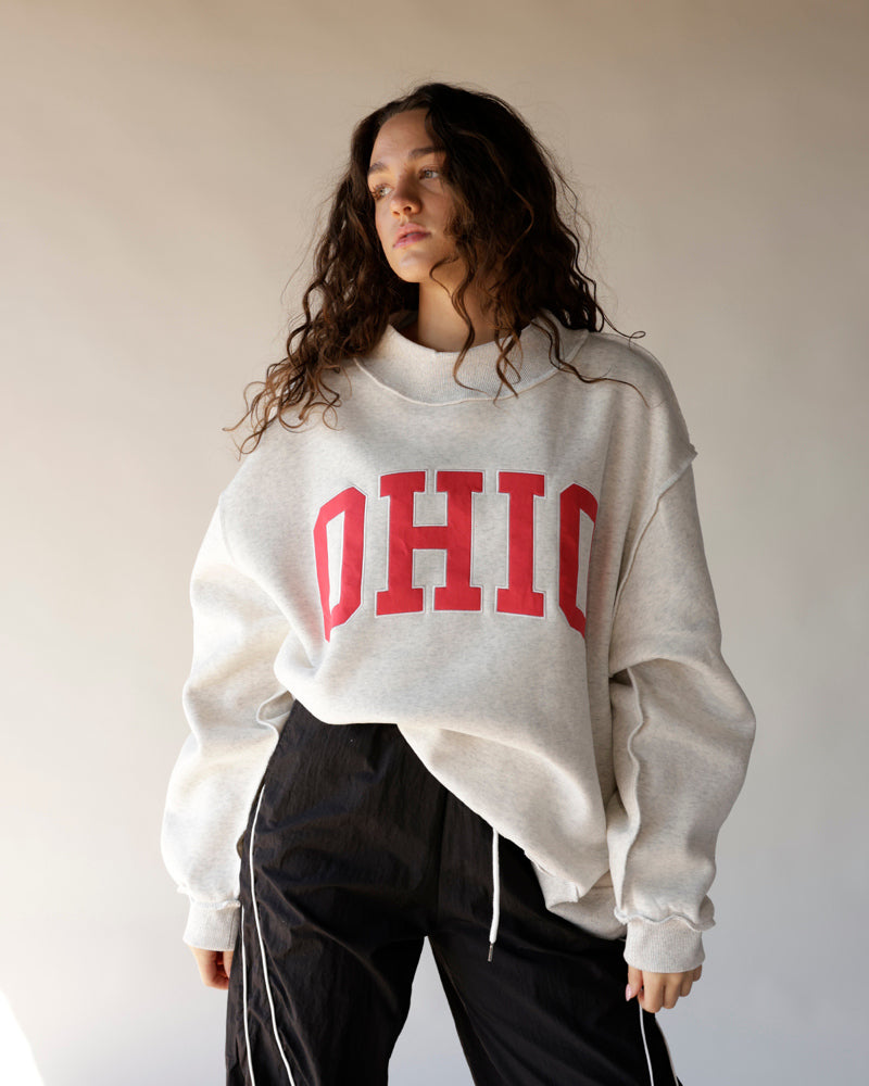 Gray Ohio mock neck sweatshirt with red collegiate lettering, oversized fit
