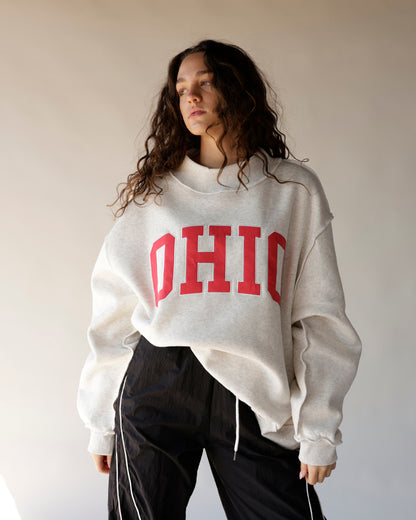 Gray Ohio mock neck sweatshirt with red collegiate lettering, oversized fit