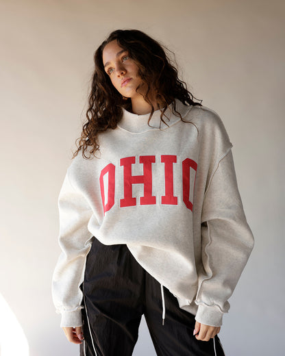 Oversized gray mock neck sweatshirt with bold red OHIO collegiate lettering