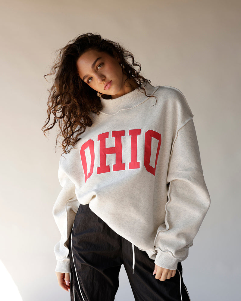 Gray mock neck sweatshirt with bold red OHIO collegiate graphic print