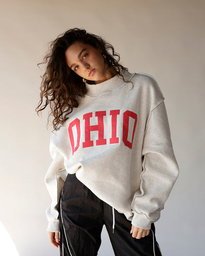 Gray mock neck sweatshirt with bold red OHIO collegiate graphic print