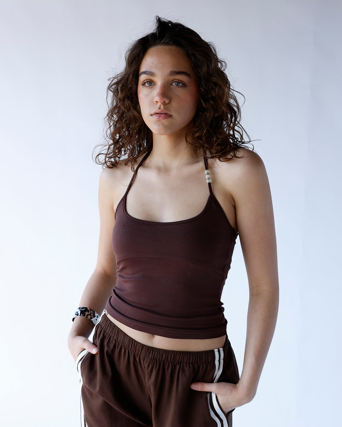 brown halter neck tank top with bead detail on straps