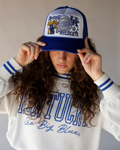 Kentucky Wildcats blue and white trucker hat with Commonwealth Stadium patch