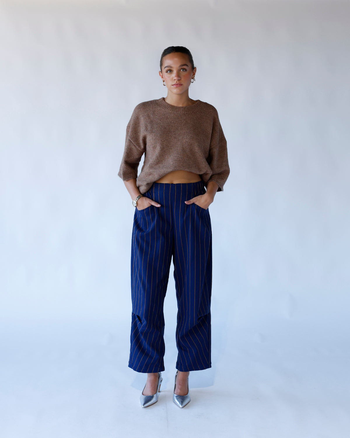 FREE PEOPLE NICE CHOICE PULL-ON PANTS X PINSTRIPE NAVY COMBO