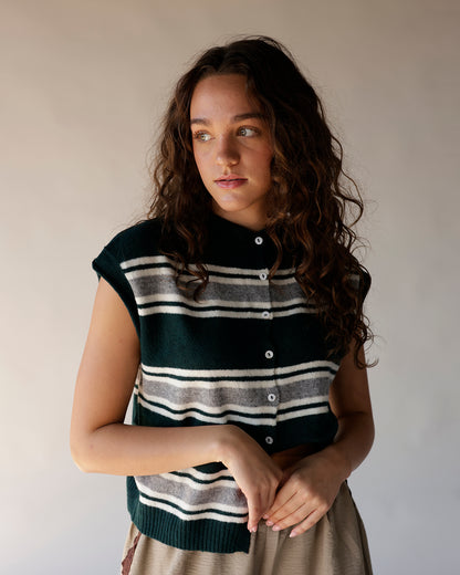 Dark green striped knit cardigan vest with white buttons and ribbed hem