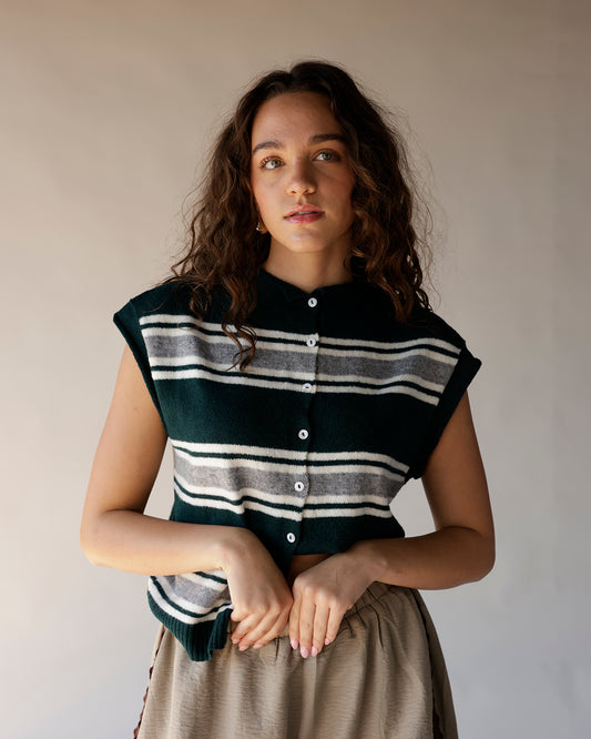 Dark green striped knit cardigan vest with white buttons and cap sleeves