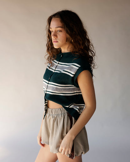 Dark green striped cropped cardigan vest with white and gray horizontal stripes