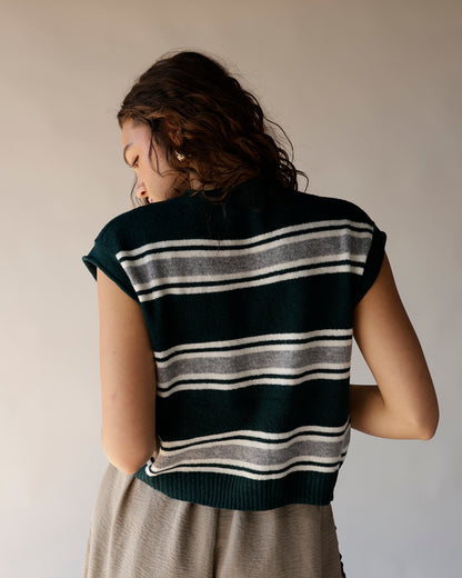 Dark green striped knit vest with white and gray horizontal stripes, ribbed hem