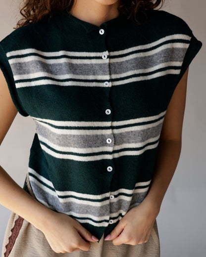 Dark green striped knit cardigan vest with white buttons, sleeveless style